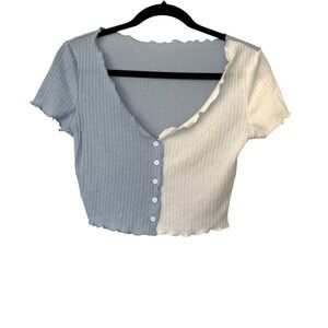 Shein Button Down Lettuce Hem Crop Top Blue & White